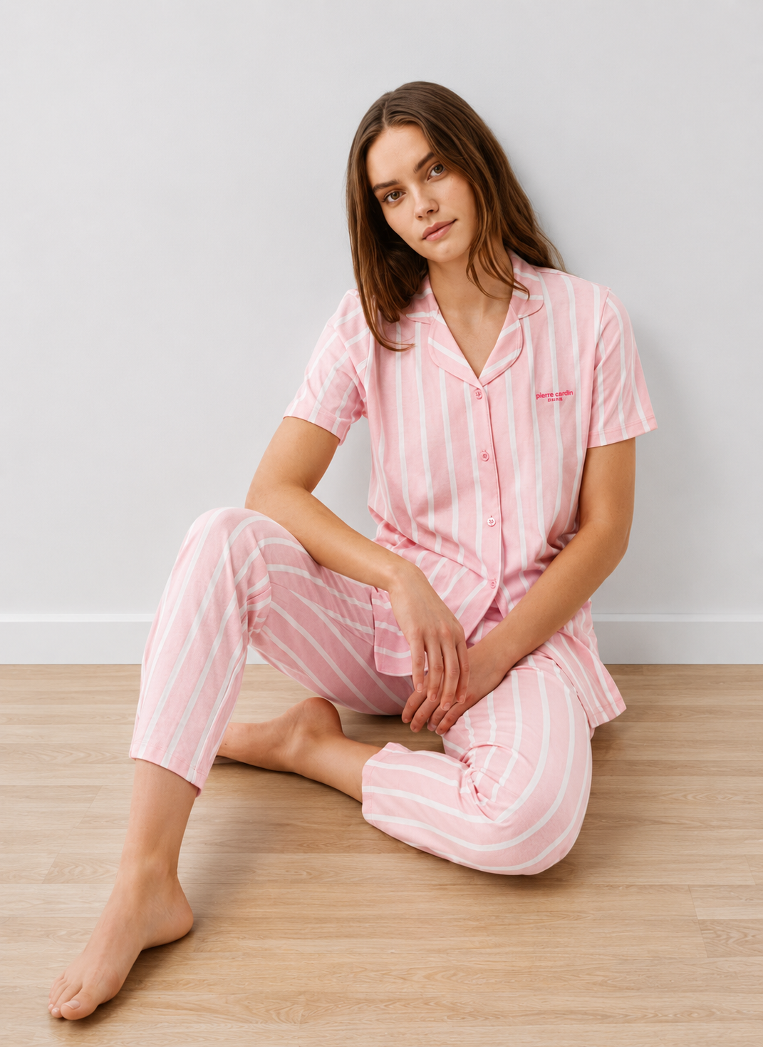 Kadın Kısa Kollu Pijama Takımı Somon Çizgili
